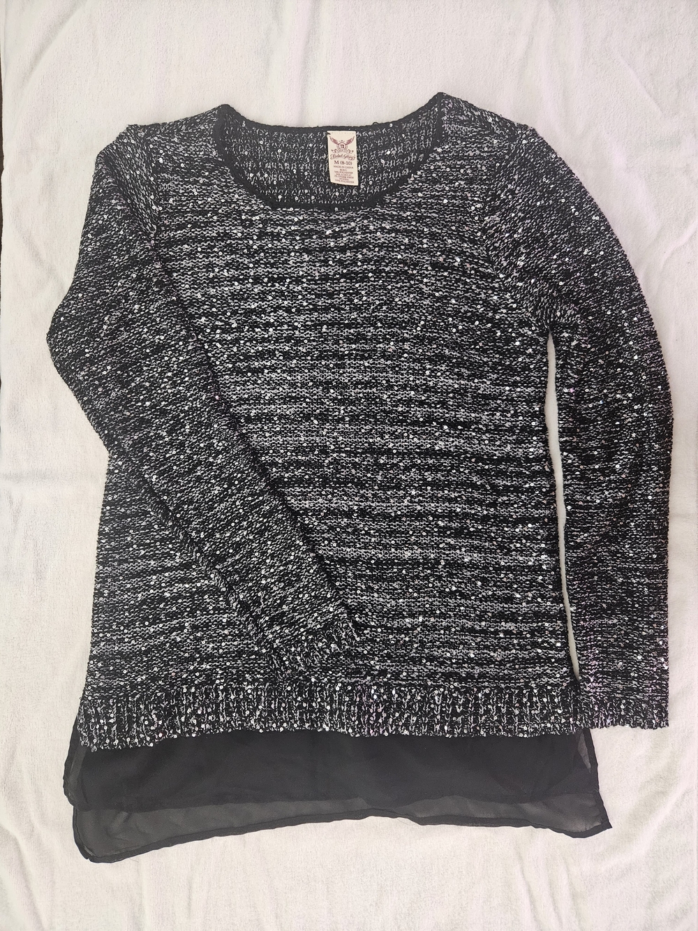 Faded Glory Black White Marl Layered Knit Sweater Sequin Hem M